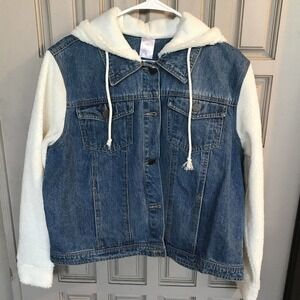 No Boundaries Jean Jacket Plus Sz1X Blue/Cream Fleece Sleeves/Hood So Cute